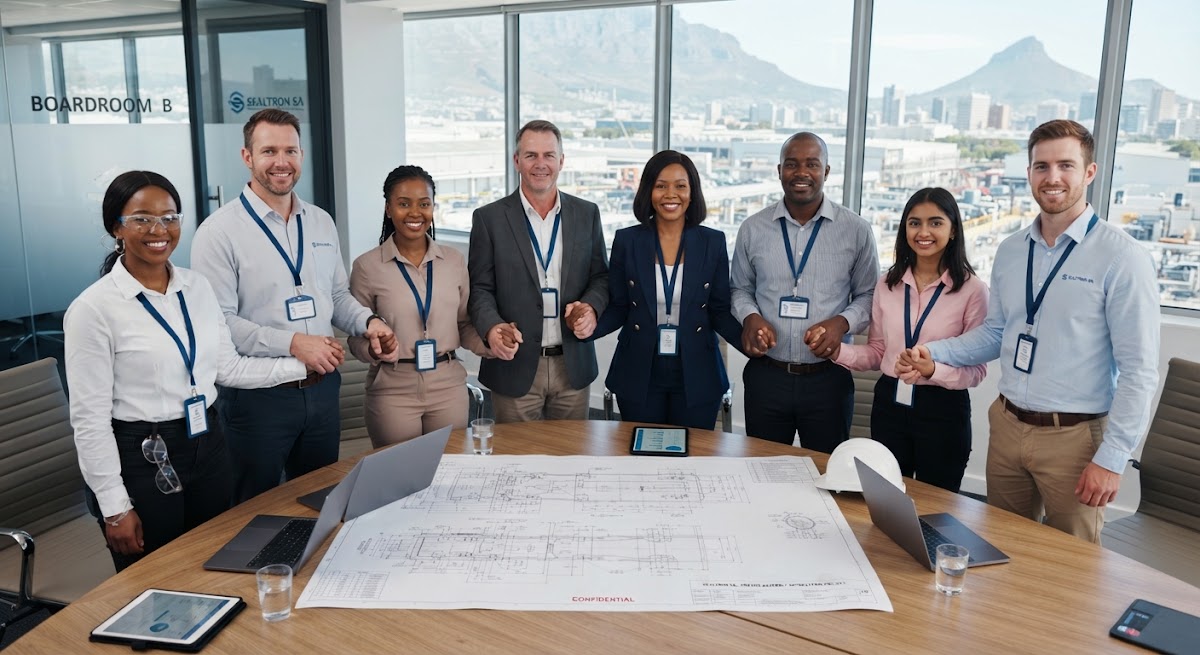 Engineering team reviewing plans